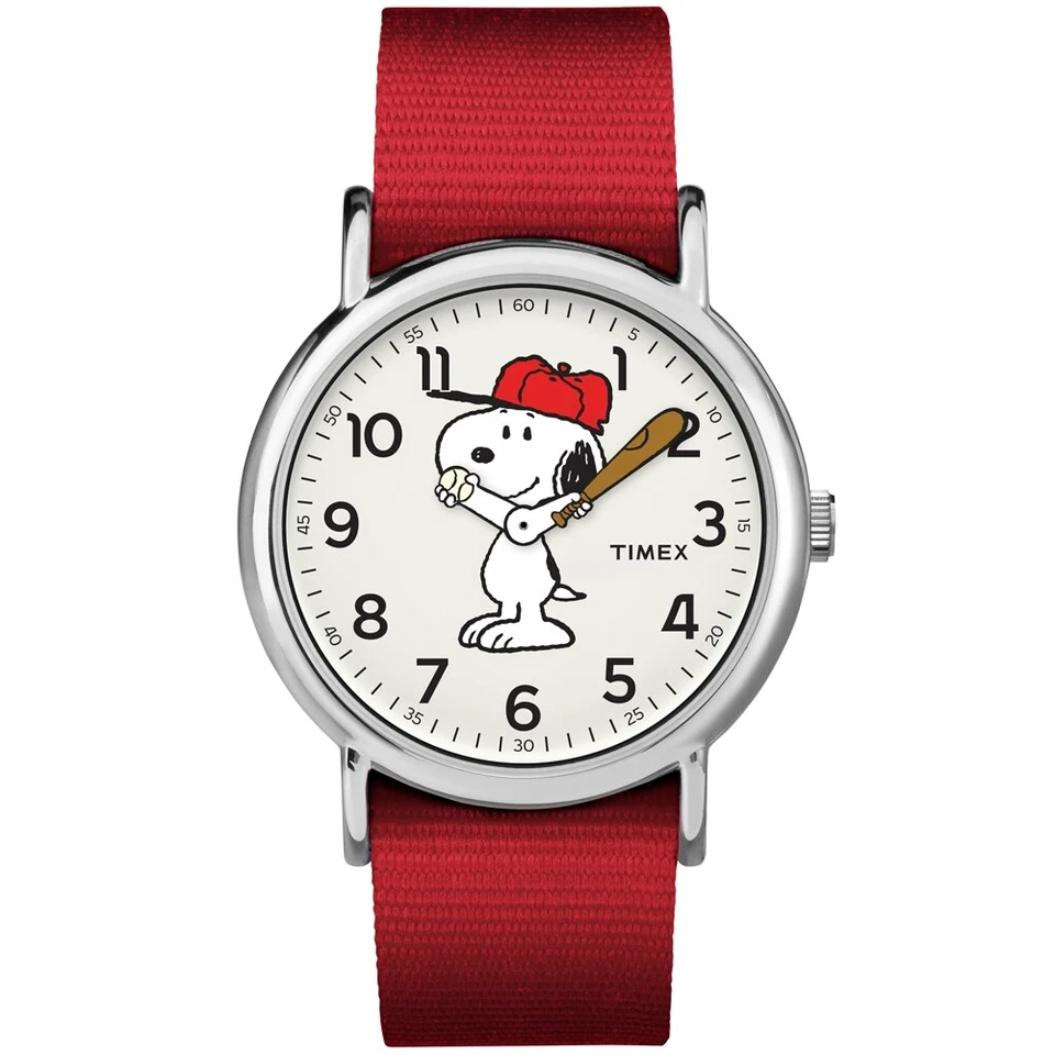 Timex Weekender X Peanuts Snoopy 38mm Silver Brass Case with Red Nylon Strap, Unisex Wristwatch (TW2R41400)