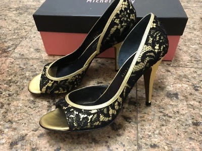Zapatos Michel Perry punta abierta de encaje dorado nuevos en caja (al por menor $750) Foto 1 de 4