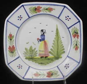 Quimper Mistral Blue Octagonal Lady Center Accent Luncheon Plate - Picture 1 of 6