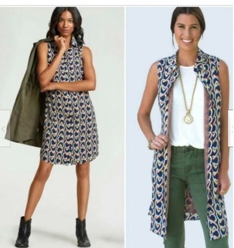 VALENTINO Abito camicia Cabi Amour taglia L donna blu cuori senza maniche bottoni davanti #5370