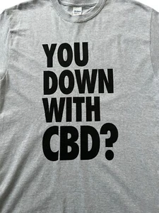 CBD Shirt Mens Medium Grey Casual Tee Contrast Graphic Spellout You Down With? - Imagen 1 de 9