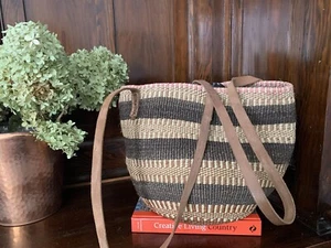 Sisal Market Jute Tote Bag Large Ethnic Boho African Leather Straps - Picture 1 of 7