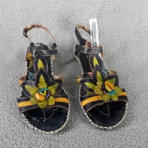 Spring Step Sandals Size EU 40 US 9 Floral Art Colorful Black 2" Heel Summer - Picture 1 of 13