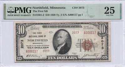 FIRST NB Northfield, MN $10.00 1929 PMG 25 Charter 2073 - Image 1 of 2