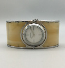 Fossil Watch Women 29mm Silver Tone Yellow Hinged Cuff Band New Battery
