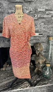 Adrianna Papell Vintage Faux Wrap Silk Short Sleeve Midi Dress Mauve Print 12 - Picture 1 of 5