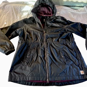 Carhartt Windbreaker Rain Jacket XL 16/18 Black Zip Hooded Red Mesh Lined - Picture 1 of 9