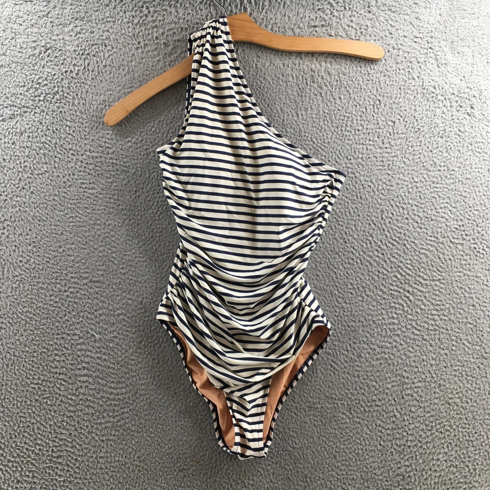 J Crew One Piece Swimsuit Womens 8 Blue White Stripe One Shoulder Ruched Casual - Image 1 of 4