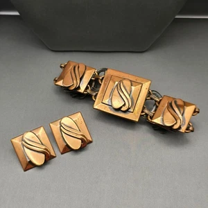 VTG Copper Square Panel 7" Bracelet & Clip On Earrings Set Oval Wave Design - Picture 1 of 7
