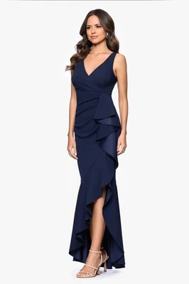 Betsy & Adam Petites Ruffled High-Low Mermaid Gown Navy Size 12P $249 - Image 1 of 4