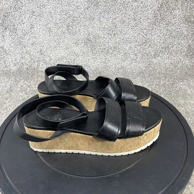 Sandalias Vince para mujer 7,5 M Jet Cork forma plana cuero negro tacón de cuña correa para el tobillo Foto 1 de 4