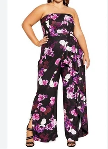 City Chic Stella Wide Leg Floral Jumpsuit 12 (CC XXS) Black Iris Flowers Flare - Picture 1 of 13