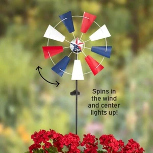 Solar LED Patriotic Windmill Wind Spinner Garden Stake July 4th Yard Art Decor - Picture 1 of 6