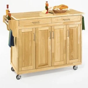 Natural Wooden Kitchen Island Cart Storage Cabinet Prep Table Utility Trolley - Picture 1 of 3