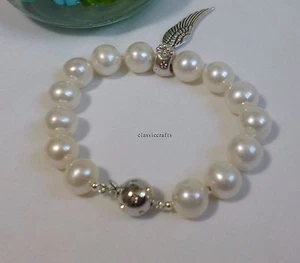 Genuine silver 10-11mm round freshwater cultured pearls bracelet L18cm - Picture 1 of 5