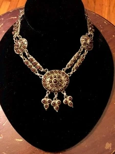 Antique/Vintage OOAK Tribal Garnet & Sterling Silver Necklace with 95 Gemstones! - Picture 1 of 12