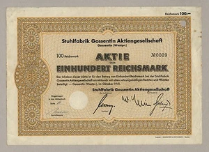 Stuhlfabrik GOSSENTIN (Westpreussen) AG – akcje, 100 RM, Gossentin, październik 1941 - Zdjęcie 1 z 2