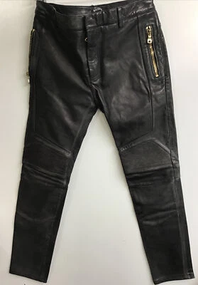 Balmain Heavy Leather Pants Moto Tapered Gold Zippers Pocket StitcH Size48/30 US - Image 1 of 4