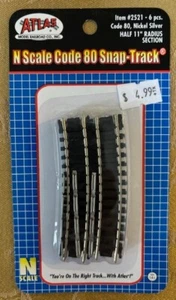 Atlas #2521: Spur N Code 80 Schnappschiene Hälfte 11" Radius Abschnitt (6 Stück) - Bild 1 von 1