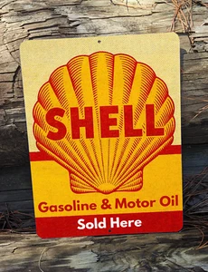 Vintage SHELL Gasoline & Motor Oil Sold Here Man Cave Garage 9" x 12" Metal Sign - Picture 1 of 3