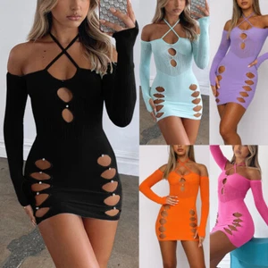 Women Ladies Sexy Hollow Out Fishnet Halter Dress Dodycon Nightclub Mini Dresses - Picture 1 of 17
