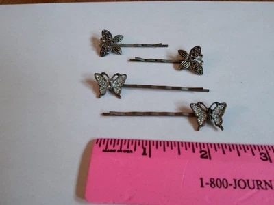Vintage Butterfly Hair Bobby Pins Silver Red/Pink Stones Glitter Accessories - Image 1 of 4