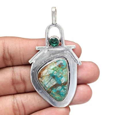 Colgante Joyería Plata Día de la Madre Piedras Preciosas Esmeralda Crisocola 2.75" Foto 1 de 4