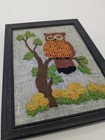 Vintage MCM Owl Crewel Embroidery Yarn Art Picture Handmade Framed orange yellow