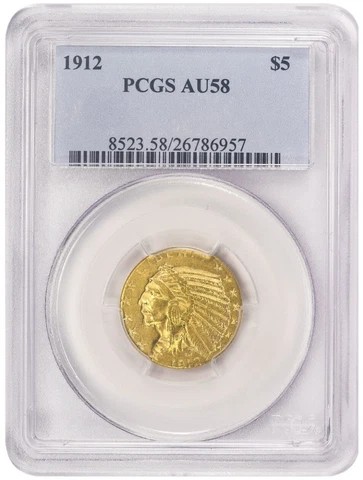 1912 $5 Dollar Gold Indian Half Eagle PCGS AU58, NICE ORIGINAL COIN Cover