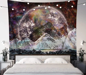 LUCID EYE Dark Moon Trippy Tapestry, Psychedelic Space and Mountain Landscape Wa - Bild 1 von 7