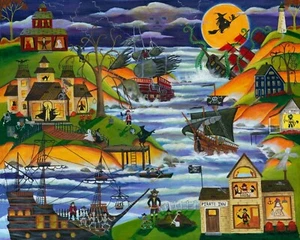 FoLk ArT OrIgInAl PrInT HallOwEEn PiRaTe ShIpS TrEaSuRe CrAcKin GhOsT MooN BoAt - Picture 1 of 3