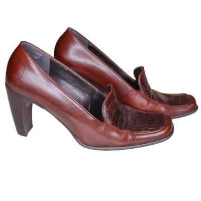 Mocasines de Tacón Alto Enzo Angiolini Floyd Cuero Marrón Cocodrilo Repujado 7M Foto 1 de 4