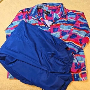 Vintage Windbreakee Trainingsanzug EVR Damen XL BLAU TÜRKIS PINK Blumen gefüttert Reißverschluss Knöchel - Bild 1 von 21