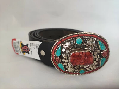 Cinturón Tibetano Plata Hebilla Cuero Cintura Trampa Turquesa Coral Cierre, B45 Foto 1 de 3