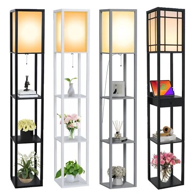 LED Floor Lamp Modern Standing 4-tier Storage Display Shelf Wooden Lounge Light - Image 1 of 4