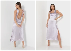 Topshop langes Kleid mit Rüschenkrawatte Rücken Satin Größe 12 lila seitlich geschlitzt ärmellos neu - Bild 1 von 24