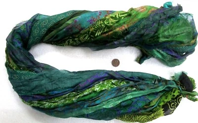ON 12 yards Unstitched Recycled PURE Silk Sari Ribbon Yarn tassels Dull Green - Image 1 of 3