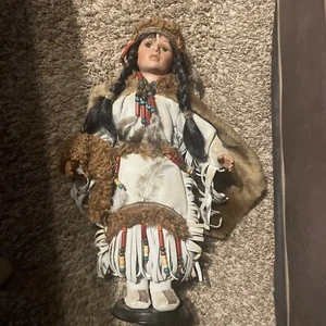Cathay Collection Native American Indian Porcelain Doll 18 inch On Stand - Picture 1 of 8