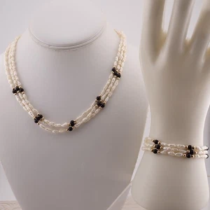 Vintage 14k Gold Filled Clasp 3 Strand Rice Pearl 16" Necklace 7" Bracelet Set - Picture 1 of 5