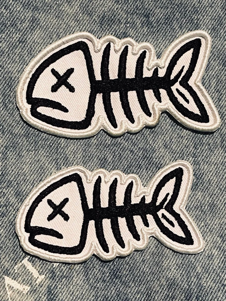 Moohaha Fish Bone 3D Embroidered Patches Sew-On Iron-On Animal Edgy Fun Gift - Image 1 of 4