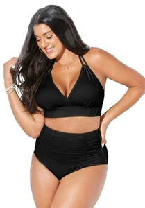 Swimsuits for All Loop Strap Halter Shirred High Waist Bikini Set - Picture 1 of 14