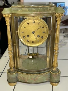 Antike SAMUEL MARTI Messing & grüner Marmor Manteluhr PENDEL Frankreich 12" HOCH - Bild 1 von 23