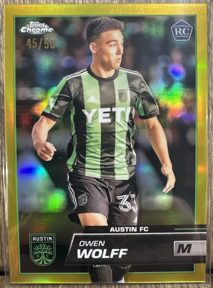2023 MLS Topps Chrome Owen Wolff RC Gold Refractor 45/50 Austin FC Rookie - Image 1 of 2