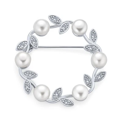 Elegant White Pearl Leaf Scarf Brooche Pin Sterling Silver Wedding Gift - Image 1 of 4