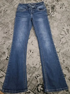 Wallflower Denim Blue Jeans Bootcut Flap Pockets Rhinestone Womens Size 5 - Picture 1 of 14