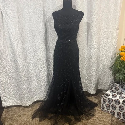 Black Sequin Mermaid Evening Gown Dress Sz 7 Medium Stretchy Layered Formal - Image 1 of 4