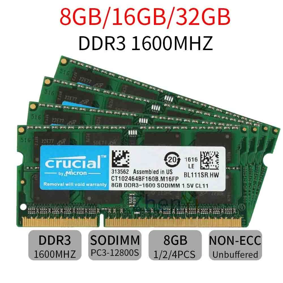 32GB 16G 8GB PC3-12800S For Crucial DDR3 1600MHz SODIMM 204Pin Laptop RAM Lot UK - Image 1 of 4