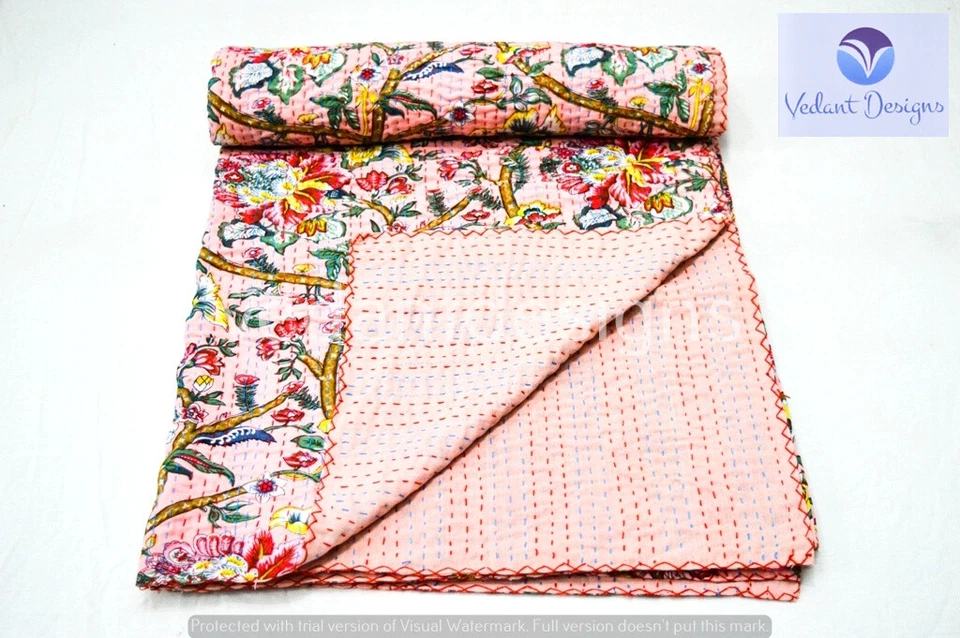 Edredón Kantha floral reversible indio rosa manta doble arte Foto 1 de 4
