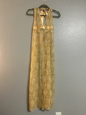 Mujer Dorado Flor Malla Alta Abertura Cinta Corbata Espalda Halter Top Vestido Talla Mediana Foto 1 de 4