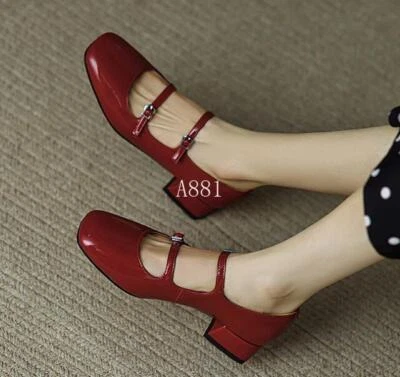 Zapatos para mujer charol Mary Janes Lolita bloque tacón bajo hebilla punta cuadrada Foto 1 de 4